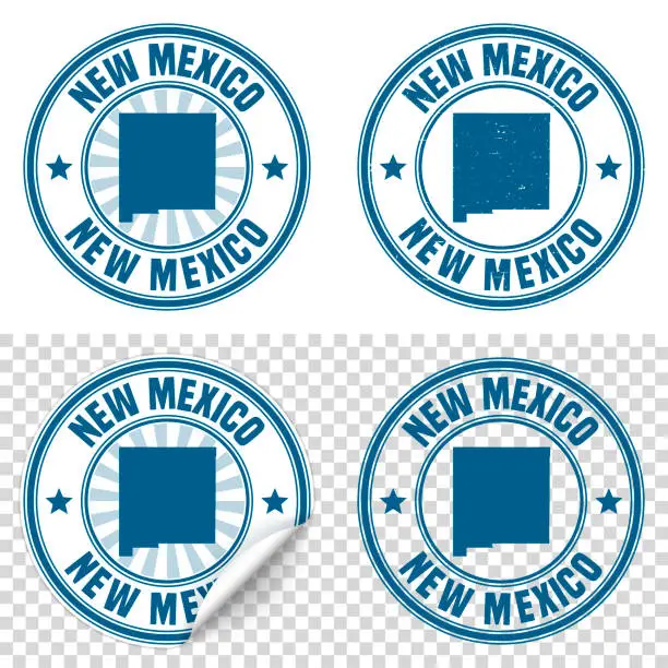 Vector illustration of New Mexico - Blue sticker and stamp with name and map
