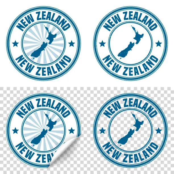 Vector illustration of New Zealand - Blue sticker and stamp with name and map