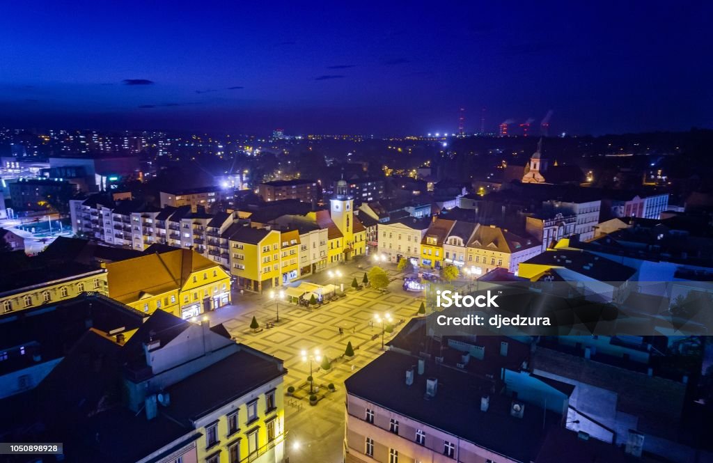 Aerial drone view Rybnik main square at night. Aerial drone view Rybnik main square at night. Rybnik is a city in southwestern Poland, in the Silesian Voivodeship. Rybnik Stock Photo
