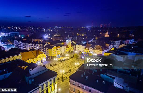 Aerial Drone View Rybnik Main Square At Night Stock Photo - Download Image Now - Rybnik, City, Poland