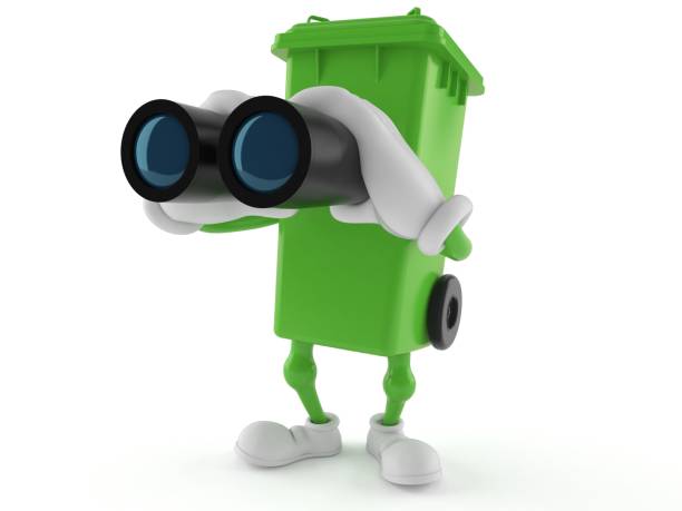 carácter de cubo de basura mirando a través de binoculares - binoculars watching optical instrument closed fotografías e imágenes de stock