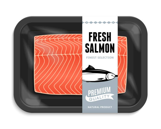 Vector salmon packaging illustration Vector salmon packaging illustration. Black foam tray with plastic film mockup. Modern style fish label. black meat tray stock illustrations