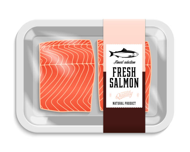 Vector salmon packaging illustration Vector salmon packaging illustration. White foam tray with plastic film mockup. Modern style fish label. black meat tray stock illustrations