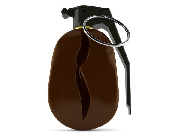 Coffee bean with hand grenade fuse isolated on white background. 3d illustration