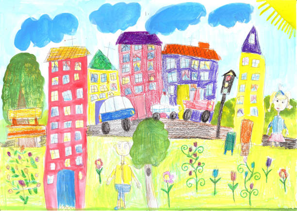 Child's drawing happy family, building, car Child's drawing the lives of people in the city,  building, car childs drawing stock illustrations