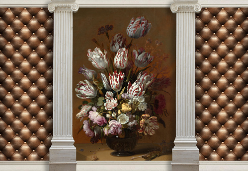 The main features of classicism: restraint, aristocracy. 3d background with vase of flowers, columns and effect of quilted leather. Tulips in a Vase is a painting by Hans Gillisz Bollongier, 1639. 3d wallpapers will visually expand the space in a room and become an accent in the interior.