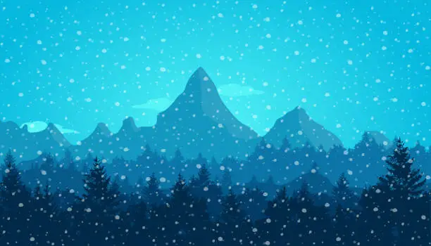 Vector illustration of Mountain landscape in winter. Snow falling. Christmas concept. New Year. Travel and vacation concept. Flat vector illustration