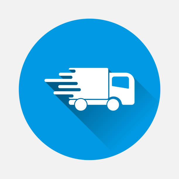 ilustrações de stock, clip art, desenhos animados e ícones de the car is going at high speed vector icon on blue background. flat imagea symbol of fast delivery of cargo by a logistics company with long shadow. layers grouped for easy editing illustration. for your design. - van moving van commercial land vehicle truck