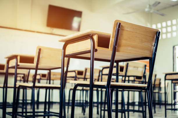 istock School empty classroom, Lecture room with desks and chairs iron wood for studying lessons in highschool thailand without young student, interior of secondary education with whiteboard 1050970792