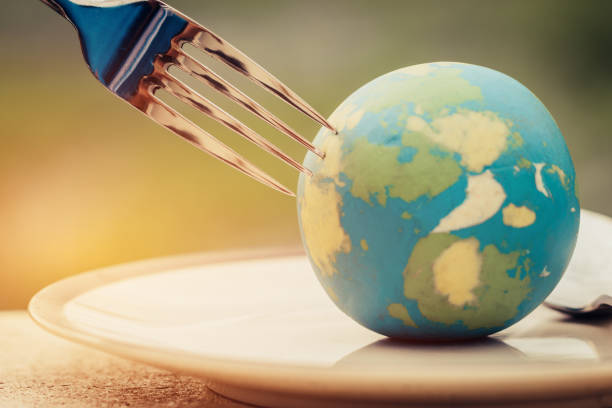 Fork slammed on Globe model placed on plate  for serve menu in famous hotel. International cuisine is practiced around the world often associated with specific region country. World food inter concept stock photo