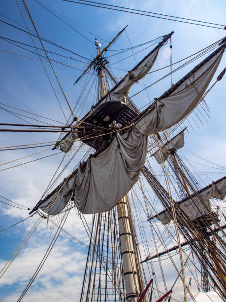istock Old Tall Ship Sail Riggings and Mast Against Blue Sky, Low Angle 1050976094