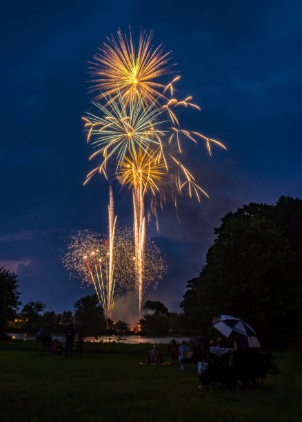 istock Firework Display Above Park, Fourth of July, People Watching 1050978588