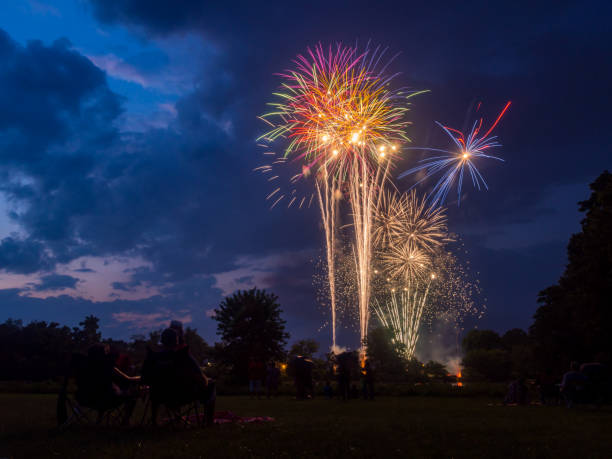 Firework Display Above Park, Fourth of July, People Watching A fourth of July firework display above a forest park, people seated on the lawn watching. mauer park stock pictures, royalty-free photos & images
