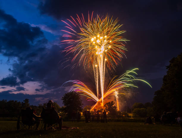 Firework Display Above Park, Fourth of July, People Watching A fourth of July firework display above a forest park, people seated on the lawn watching. mauer park stock pictures, royalty-free photos & images