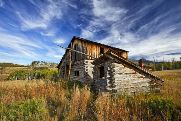 Front View Close-Up Weathered Log Cabin, Barn, and Shed in Colorado