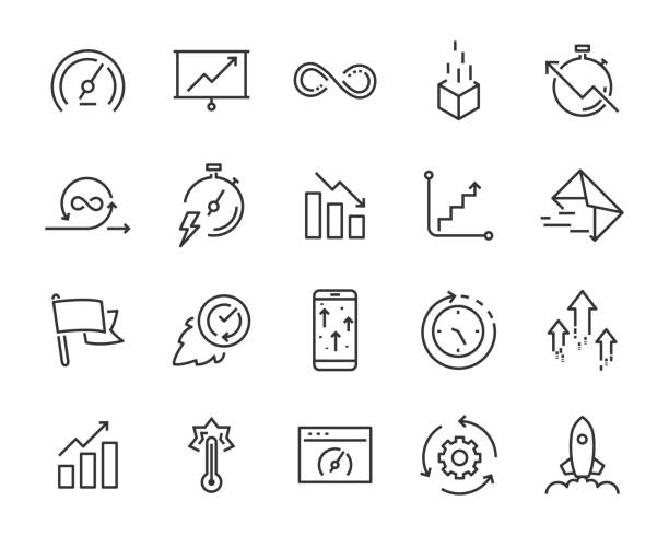 prosty zestaw ikon linii wektorowych, zawierają takie lcon jak prędkość, zwinność, wzmocnienie, proces, czas i więcej - linear accelerator stock illustrations