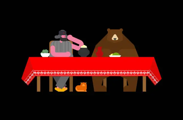 Vector illustration of Russian man and bear at table. National folk beast from Russia