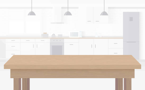 ilustraciones, imágenes clip art, dibujos animados e iconos de stock de moderno nuevo interior luz de cocina con muebles blancos. - wood table