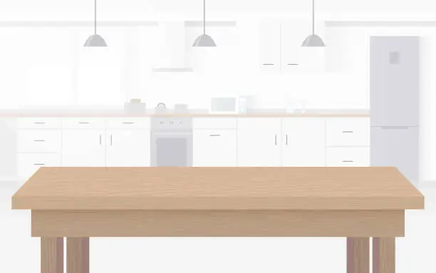 Vector illustration of Modern new light interior of kitchen with white furniture.