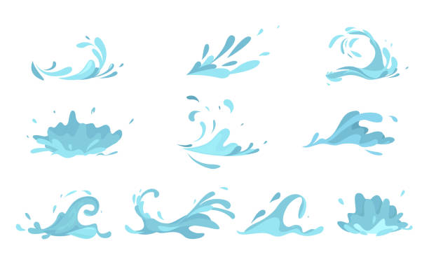 ilustraciones, imágenes clip art, dibujos animados e iconos de stock de agua salpica colección ondas azul ondulado símbolos. - salpicar