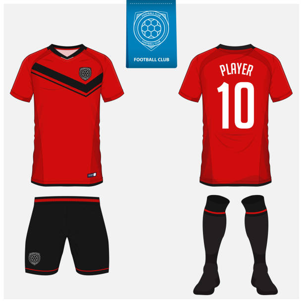 illustrations, cliparts, dessins animés et icônes de soccer jersey ou football kit, shorts, conception de modèle de chaussette pour le club de sport. t-shirt football maquette. recto et verso découvre des uniformes de soccer. création de logo de football plat sur étiquette bleue. vector - short sleeved illustrations