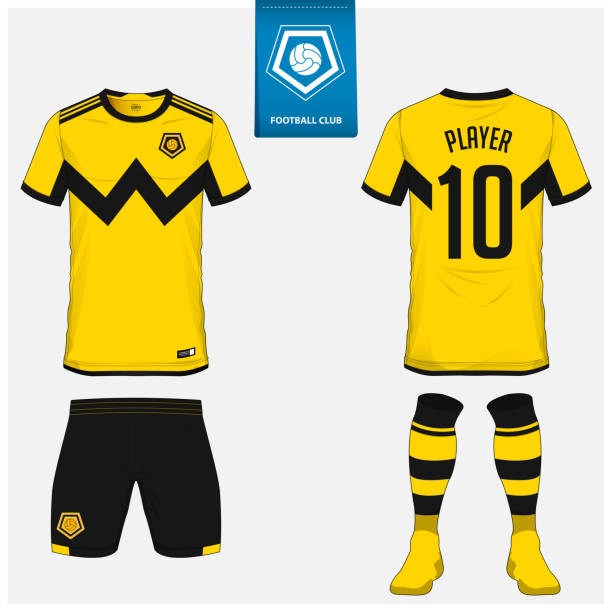 illustrations, cliparts, dessins animés et icônes de soccer jersey ou football kit, shorts, conception de modèle de chaussette pour le club de sport. t-shirt football maquette. recto et verso découvre des uniformes de soccer. création de logo de football plat sur étiquette bleue. vector - short sleeved illustrations