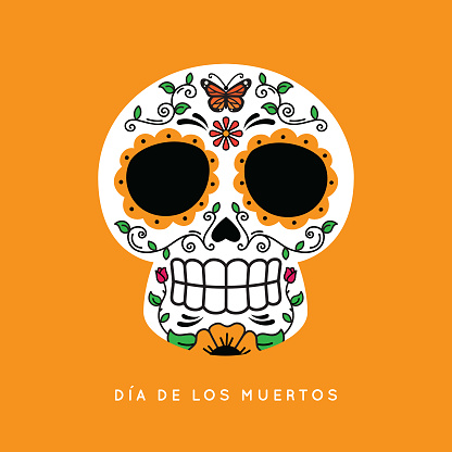 Decorative skull featuring monarch butterfly to celebrate El Dia de los Muertos in Mexican culture
