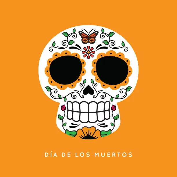 Vector illustration of Day of the Dead Skull with Monarch butterfly