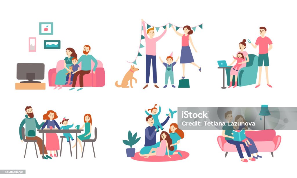 Family together at home. Young couple spend time with kids, read book and decorating house. Homeliness vector flat illustration Family together at home. Young couple spend time with kids, read book and decorating house. Homeliness family eating healthy dinner together, generations meeting vector flat isolated icon illustration Family stock vector