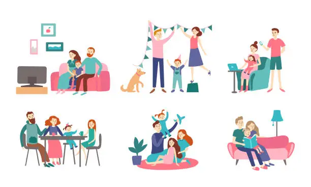 Vector illustration of Family together at home. Young couple spend time with kids, read book and decorating house. Homeliness vector flat illustration
