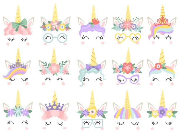 einhorn-gesicht. schöne pony einhörner gesichter, magische horn im regenbogen blume kranz und niedlichen wimpern-vektor-illustration-set - unicorn stock-grafiken, -clipart, -cartoons und -symbole