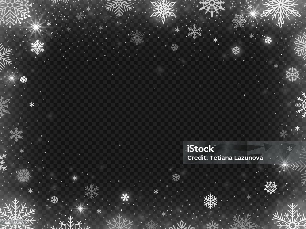 Snowed border frame. Christmas holiday snow, clear frost blizzard snowflakes and silver snowflake vector illustration Snowed border frame. Christmas holiday snow, clear frost blizzard snowflakes and silver snowflake. White sequins flake falling on new year holiday party vector illustration Snowflake Shape stock vector