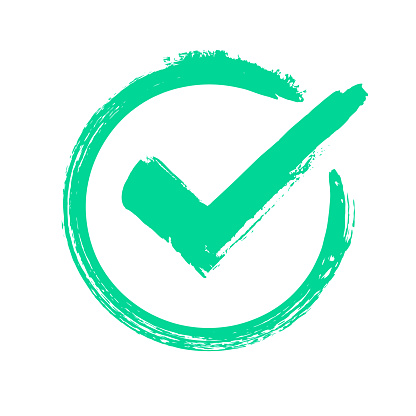 Green grunge check mark. Correct answer, checking vote or choice approval icon, checks brush mark. label Checked circle accept quality stamp vector symbol