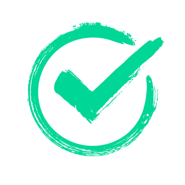 Green grunge check mark. Correct answer, checking vote or choice approval icon. Checked circle vector symbol Green grunge check mark. Correct answer, checking vote or choice approval icon, checks brush mark. label Checked circle accept quality stamp vector symbol tick symbol stock illustrations