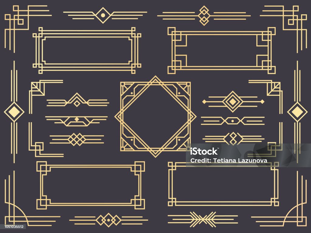 アールデコの境界線。現代アラビア語ゴールド フレーム、装飾的な線境界線および幾何学的なゴールデン ラベル フレーム ベクトルのデザイン要素 - 枠のロイヤリティフリーベクトルアート