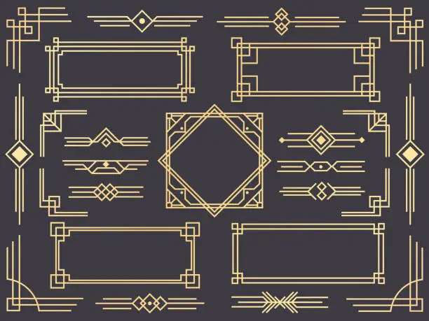 Vector illustration of Art deco line border. Modern arabic gold frames, decorative lines borders and geometric golden label frame vector design elements