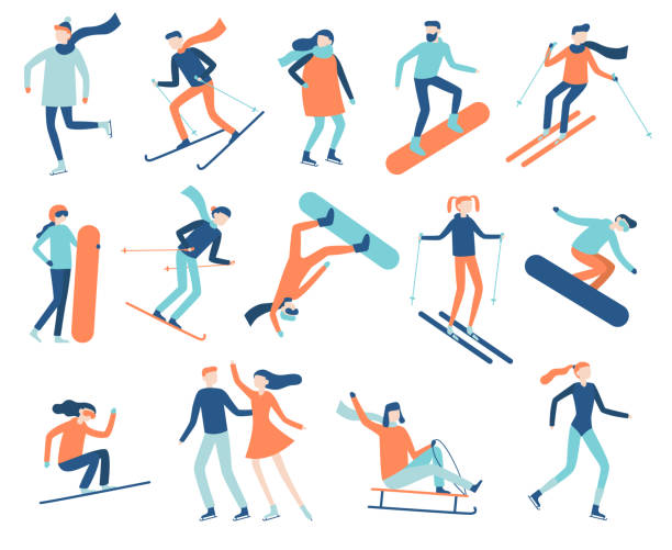 illustrazioni stock, clip art, cartoni animati e icone di tendenza di gente dello sport invernale. sportivo su snowboard, sci o pattini da ghiaccio. snowboard, sci e pattinaggio sport isolati set vettoriale piatto - sciatore velocità