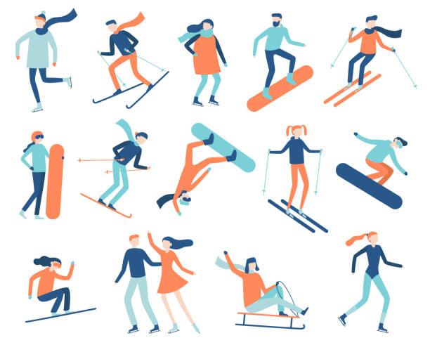 Winter sport people. Sportsman on snowboard, skis or ice skates. Snowboarding, skiing and skating sports isolated flat vector set Winter sport people. Sportsman on snowboard, skis or ice skates. Snowboarding, skiing and skating sports. Snowboarder jump, healthy family holiday vacation isolated flat vector isolated icon set skater girl stock illustrations