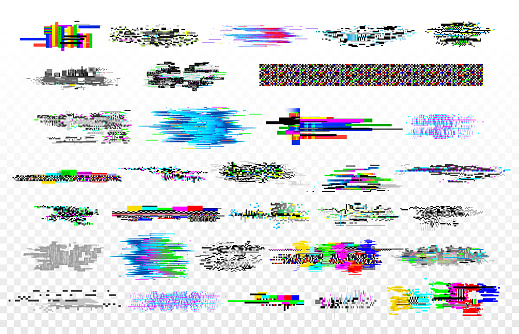 Modern glitch collection. Tv noise glitches, monitor signal decay and screen bug. Digital data dynamic video glitched signals texture or crash internet monitor grunge vector isolated icons set