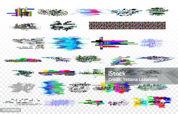 Modern Glitch Collection Tv Noise Glitches Monitor Signal Decay And Screen Bug Digital Data Glitched Signals Texture Vector Set Stock Illustration - Download Image Now