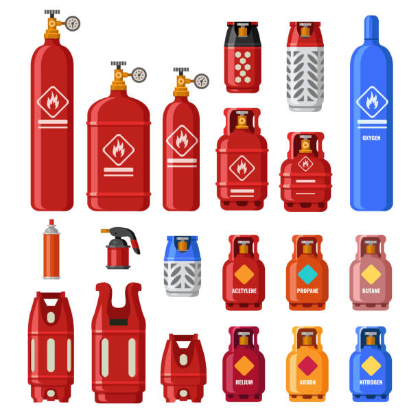 Gas tank. Gaz cylinders with acetylene, propane or butane. Petroleum fuel in safety cylinder. Helium in metal tank isolated vector set Gas tank. Gaz cylinders with acetylene, propane or butane. Petroleum fuel in safety cylinder. Helium, lpg or fuel oil in metal tank flammable container for stove heating isolated icons vector set gas cylinder stock illustrations