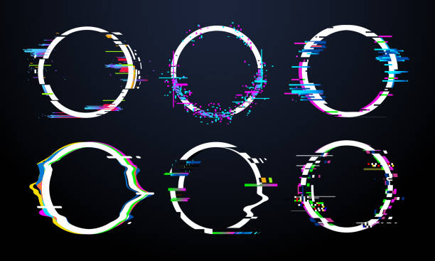 Glitch circle frame. Tv distorted signal chaos, glitched ring light effect distortion frames and flaw glitches bug circles vector set Glitch circle frame. Tv distorted signal chaos, glitched ring light effect distortion frames and flaw glitches bug circles, vhs white noise destroyed logo vector isolated icons set neon circle glow stock illustrations