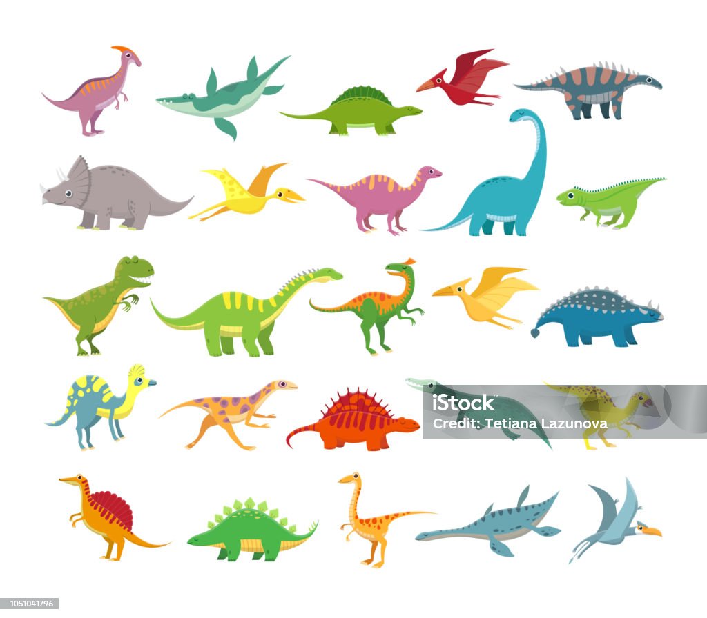 Dinosaures du dessin animé. Bébés animaux préhistoriques de dino. Collection de vector mignon dinosaure - clipart vectoriel de Dinosaure libre de droits