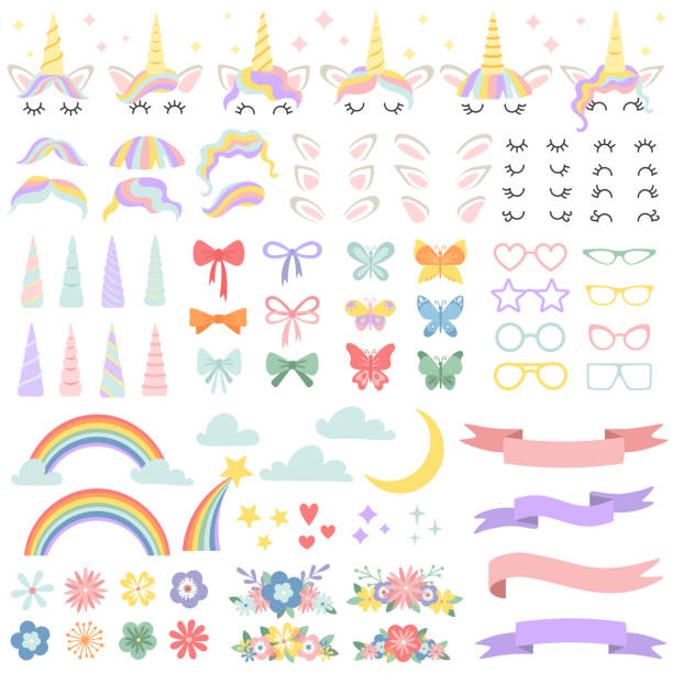 Unicorn constructor. Pony mane styling bundle, unicorns horn and party star glasses. Flowers, magic rainbow and head bows vector set Unicorn constructor. Pony mane styling bundle, unicorns horn and party star glasses. Flowers, magic rainbow and head bows for fairy pony face hairstyle creating cartoon isolated vector icons set unicorn face stock illustrations