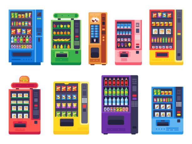 Flat vending machines. Snacks food, ice cold drinks and candy machine vector illustration set Flat vending machines. Snacks food, ice cold drinks and trading candy or snack machine. Coffee, healthy vegetables and burger machines vector isolated icons illustration set vending machine stock illustrations