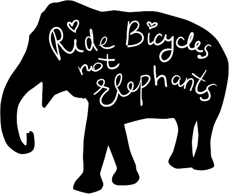 Ride bicycles not elephants. Black silhouette text, calligraphy, lettering, doodle by hand isolated on white. Eco, ecology banner poster. Vector illustration