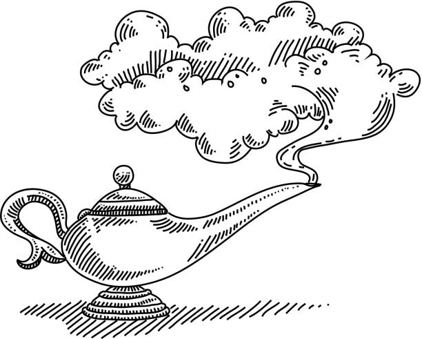 ilustrações, clipart, desenhos animados e ícones de desenho de lâmpada mágica fumaça - genie