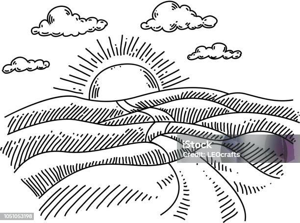 Sun Rise Landscape Drawing Stock Illustration - Download Image Now - Line  Art, Road, Sunrise - Dawn - iStock