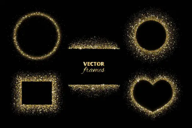 Vector illustration of Sparkling glitter borders, frames. Vector gold decoration. Circle, rectangle and heart shapes.