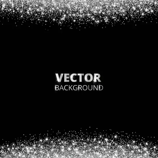 Vector illustration of Sparkling glitter border, frame. Falling silver dust on black background. Vector glittering decoration.